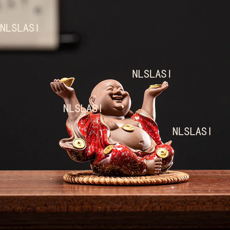 Ceramic Maitreya Buddha Ornament Home Tea Table Decoration Car Ornament New Chinese Style Tea Pet Tea Playing Teaset Accessories
