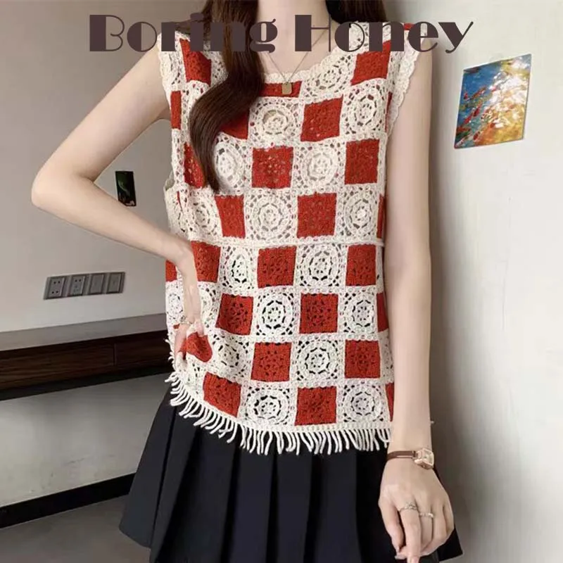 

Boring Honey Design Sense O-Neck Sleeveless Vest Women's Summer Fashion New Thai Plaid Crochet Hollow Out Tassel Vest Top