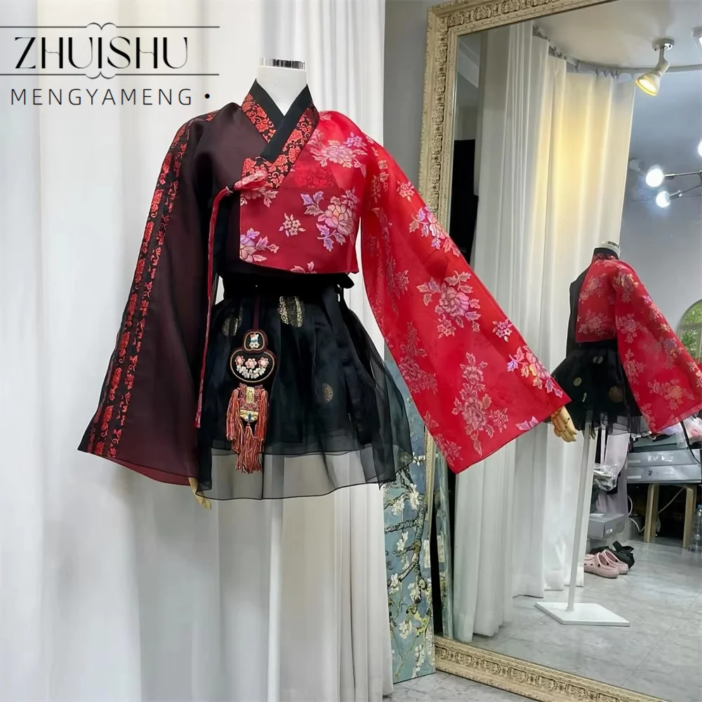 2026 Vintage Black and Red Hanbok Korean Performance Dress Full Sleeves Jacket Spaghetti Straps Top Mini Skirt Customized