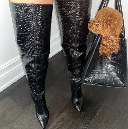 

Winter Women Black Red Sliver Burgundy Crocodile Print Leather Pointed Toe Over The Knee Boots Lady Zipper Back Thigh Long Boots