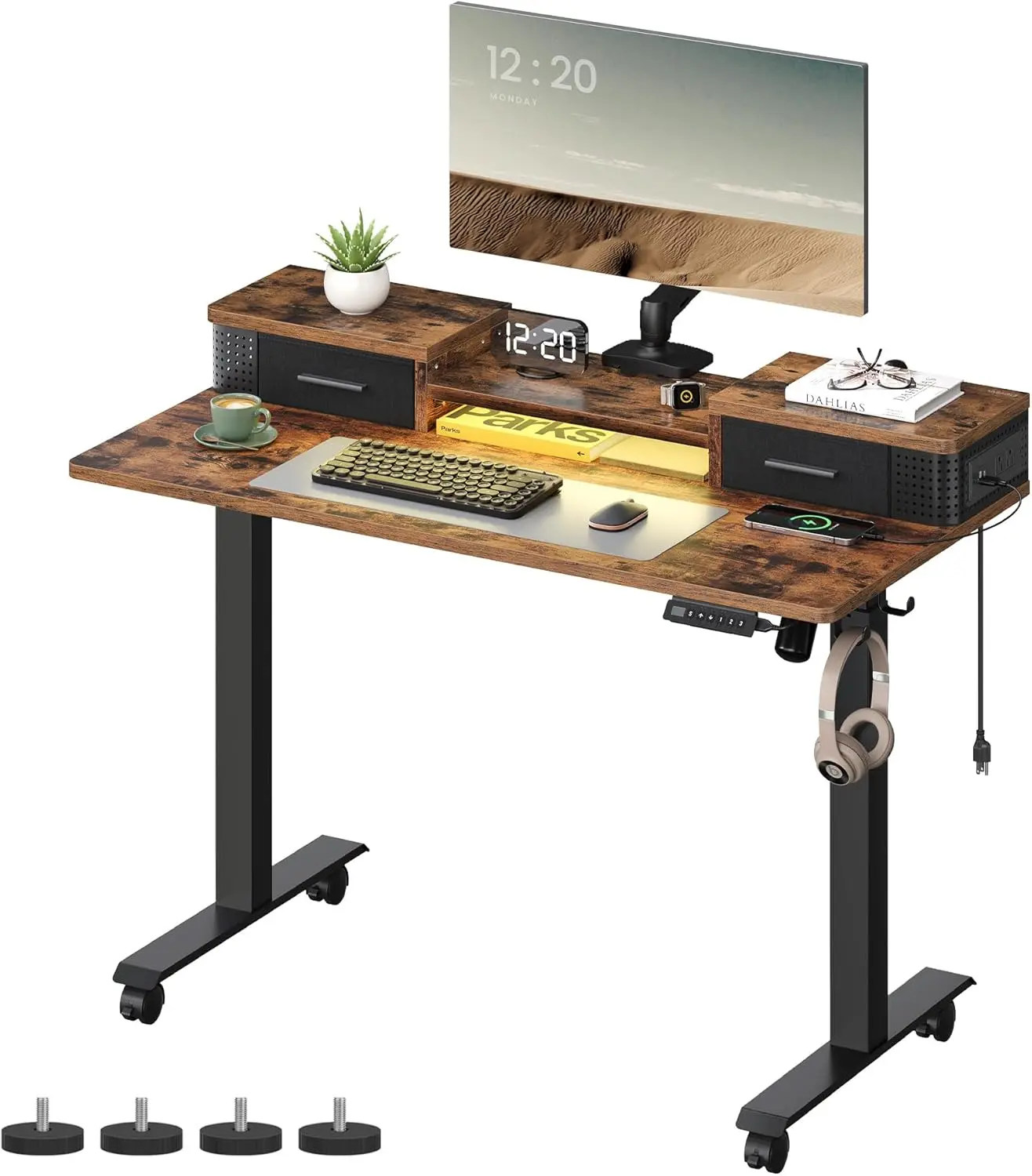 VASAGLE Electric Standing Desk with Drawers, Sit Stand Desk with Built-in Power Strip, Adjustable Height, 23.6 x 47.2 Inches,