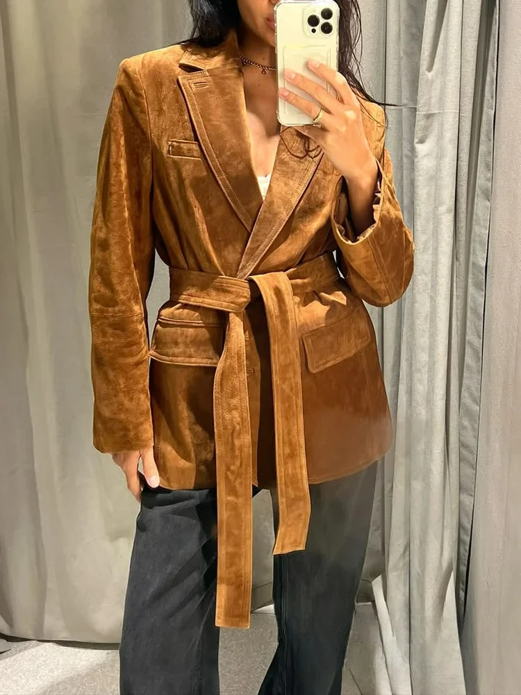 

KONDALA офисный женский шикарный женский пиджак с однотонными карманами и поясом, v-образным вырезом, длинным рукавом, пиджак на одной пуговице, модная осенняя верхняя одежда 2025 г.