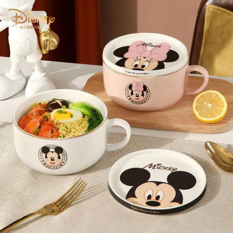 Disney Mickey Minnie cute instant noodle bowl with handle large salad rice bowl tableware student dormitory instant noodle cup