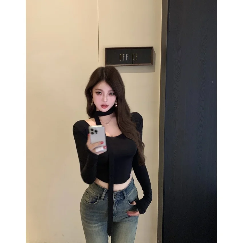 قميص نسائي بأكمام طويلة على الطراز الكوري، تصميم جديد للخريف برقبة على شكل حرف U مع حزام، بلوزة نحيفة بخصر مرتفع وحزام، ملابس... #5