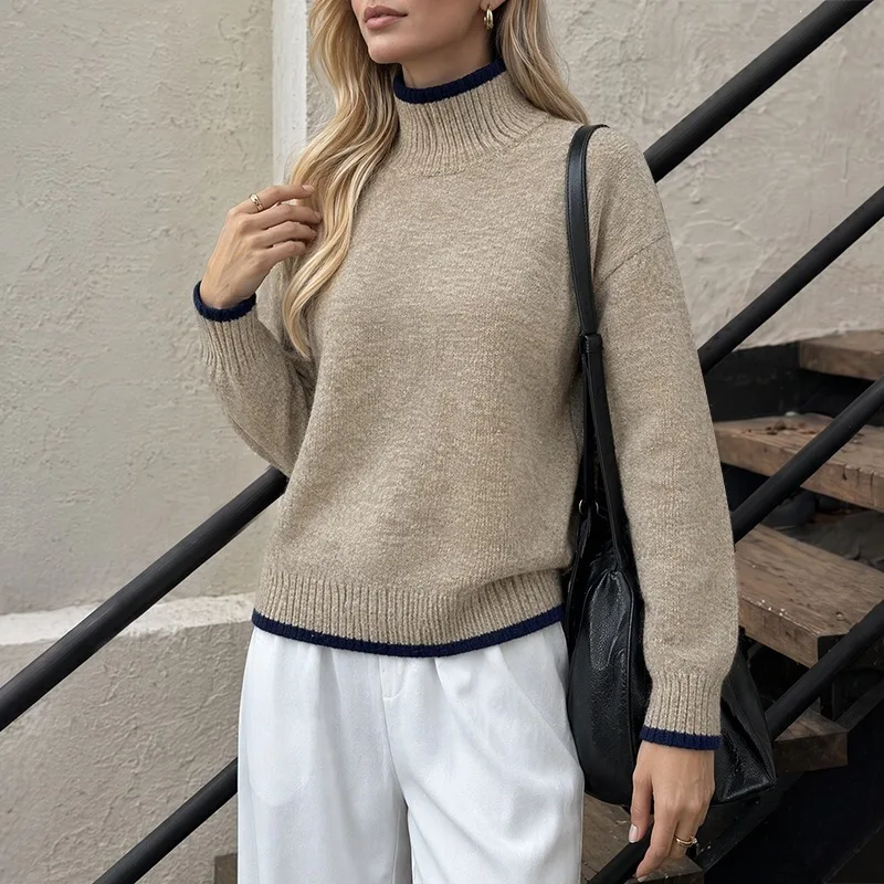 2026 Autumn and Winter New Half Turtleneck Casual Loose Contrast Sweater Long Sleeve Fashionable Loose Versatile Pullover