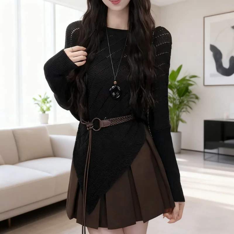 

Irregular Hem Hollow Long-sleeved Sweater for Women 2025 New Autumn Temperament Korean Casual Versatile Top