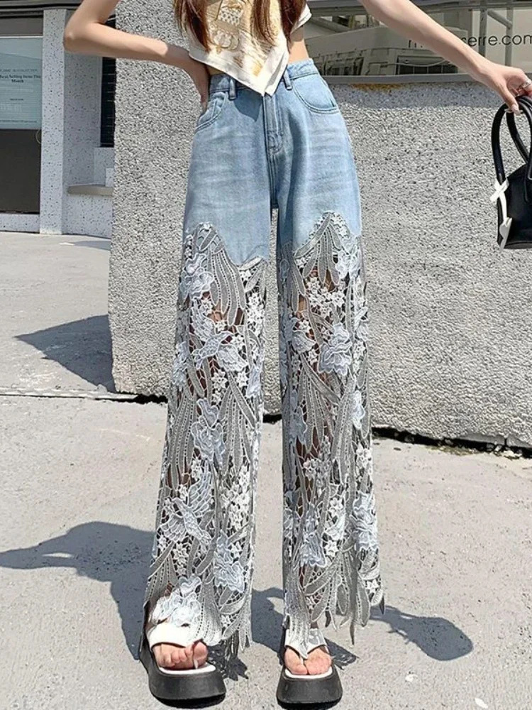 

Elegant Jeans for Women High Waist Lace Patchworl Hollow Out Irregular Pantalones De Mujer Casual Loose All Match Pants Z339