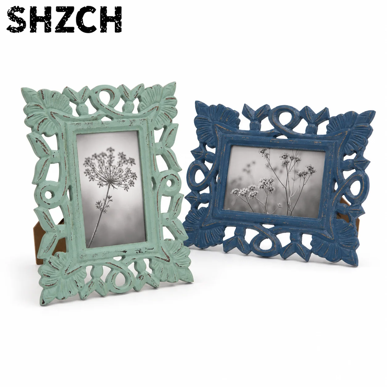 Vintage Wooden Photo Frame 6 Inch 10x15cm Carved Floral Openwork Tabletop Picture Holder Portrait Landscape Home Decor