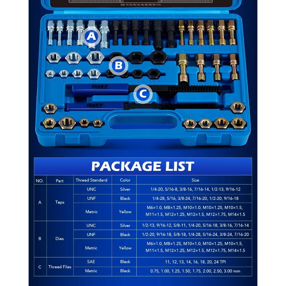 48-Piece Metric and SAE Thread Repair Kit with Taps, Dies, and Thread Files