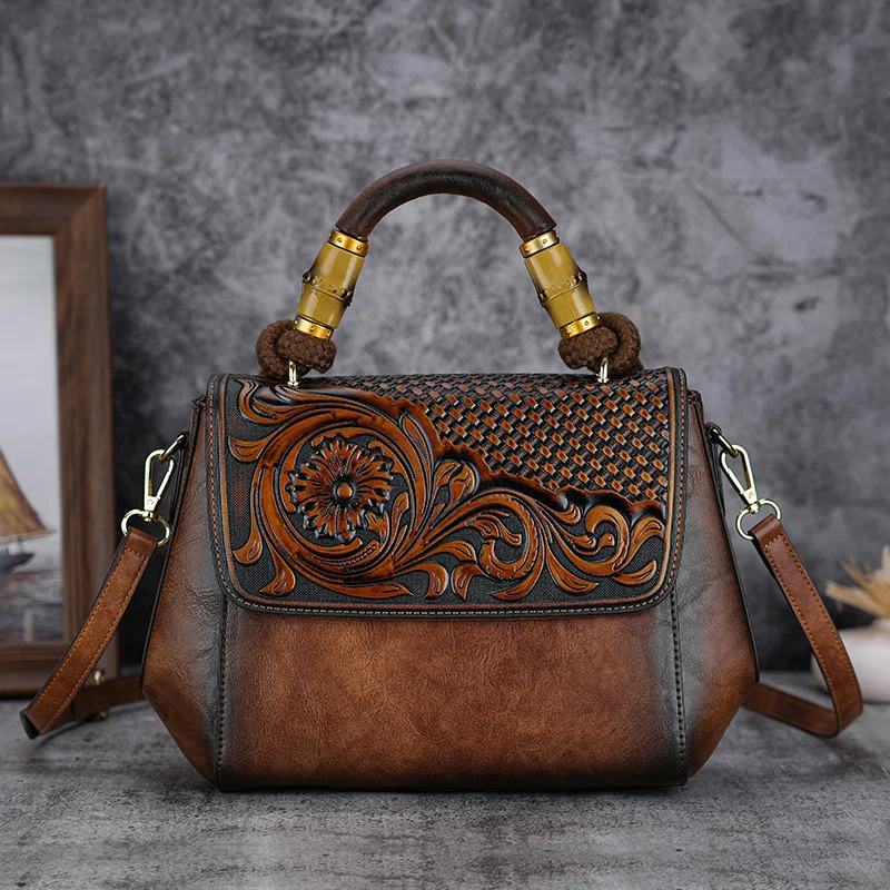 

Johnature 2024 Autumn New Vintage Embossed Women Bag Versatile Leather Handbag Large Capacity Handmade Female Shoulder Bags