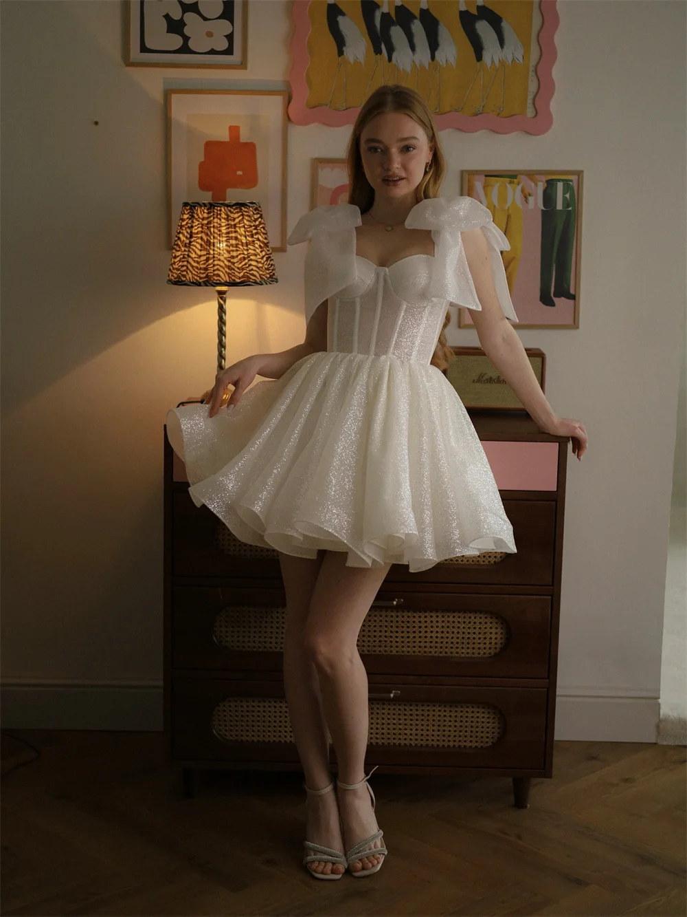 Cathy personalizado branco glitter vestido de baile vestidos de baile alças arco sem mangas vestidos de noiva espartilho mini noite formal 2025