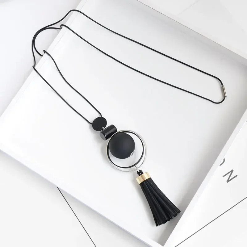 Fashion Sweater Chain Necklaces For Women Geometric Circle Moon Square Ball Pendant Long Tassel  Snake Link Jewelry