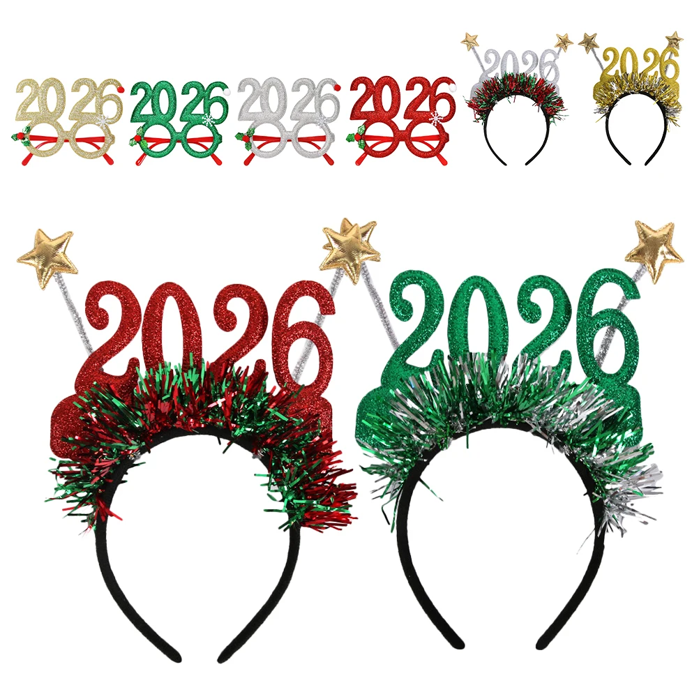 

8Pcs 2026 New Year Party Supplies Headband Tiara Glitter Head Bopper Eyeglasses Glasses Frames New Year's Eve Party Photo Props