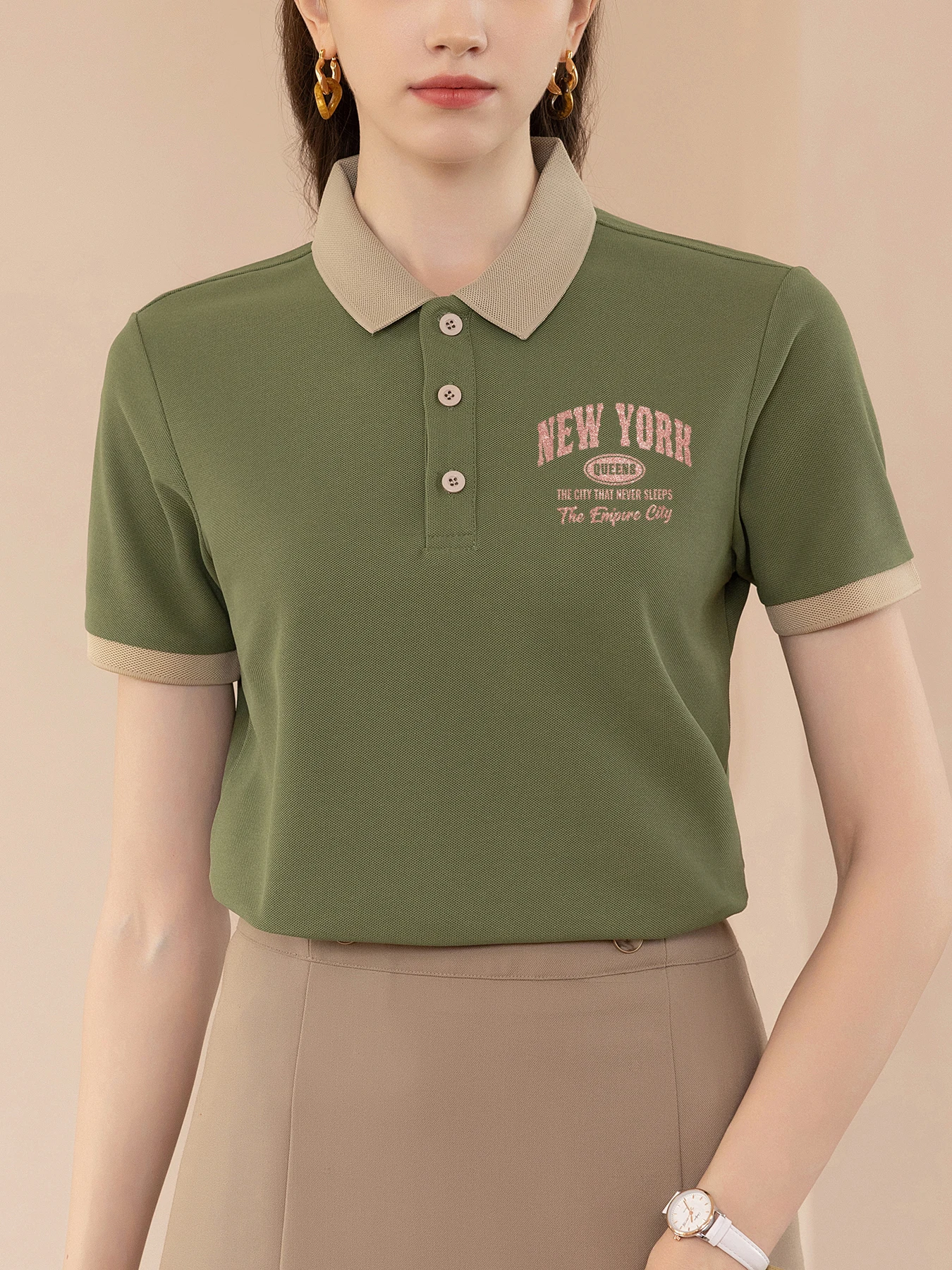 

Pink Gold New York Queens Print Women Tee Shirt Hip Hop Summer Polo Shirt All-Match Contrast Sportswear Collar Culture Clothes