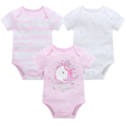 3 Pieces Baby Girls Rompers Unicorn Cute Printing Girls Bodysuit Pink Summer Short Sleeve Jumpsuit 100% Cotton Soft Baby Clothes