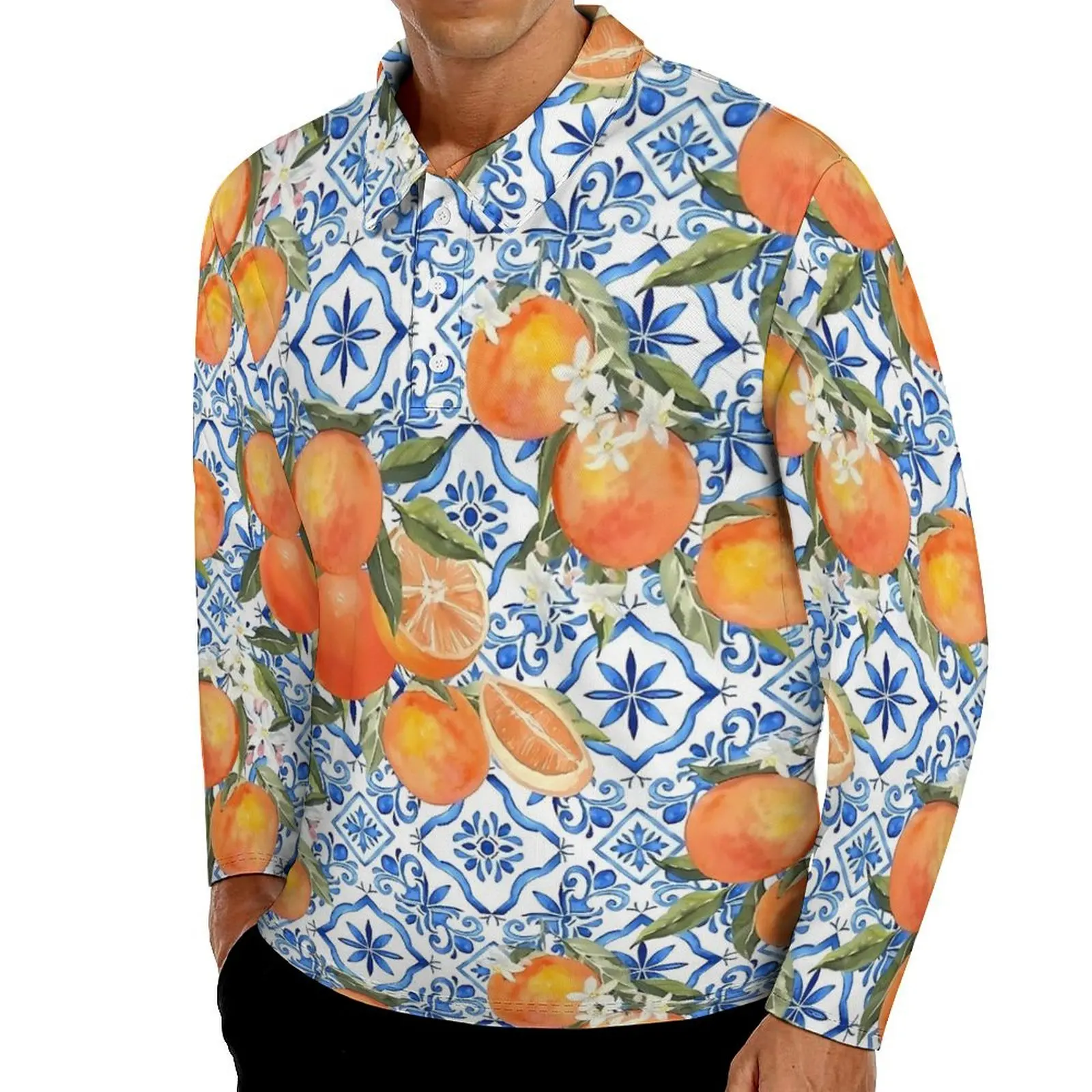 Fruit Print Casual Polo Shirts Oranges on Blue and White Tiles T-Shirts Long Sleeve Shirt Autumn Street Style Oversize Clothes