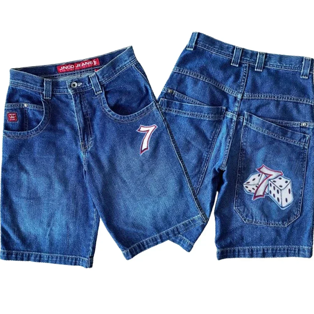 JNCO-pantalones cortos de mezclilla holgados para hombres, pantalones de chándal góticos de baloncesto, Hip Hop, bordado gráfico Retro, 7 dados,