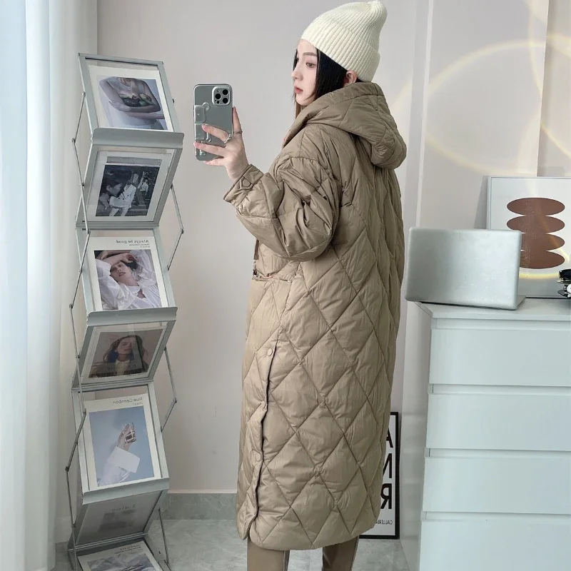 Women's Winter Jacket Long Down Coats Simple Patchwork Casual Stylish Parka Windproof Thickened Warm Hooded Snow Outerwears