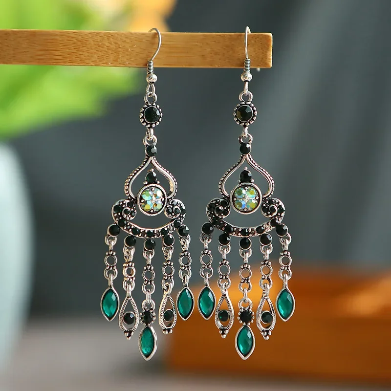 Bohemian Vintage Ethnic Round Water Drop Tassel Dangle Earrings for Women Long Rhinestone Hollow Hanging Custom Jewelry
