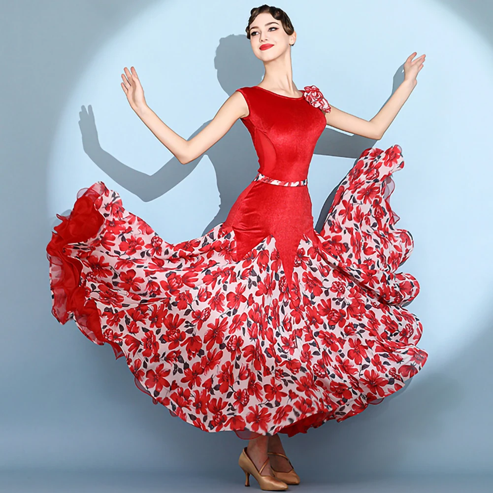 Standard Competition dress Crewneck Velvet Waltz Ballroom Dress Red Print Sleeveless Stage Performance Costume Green
