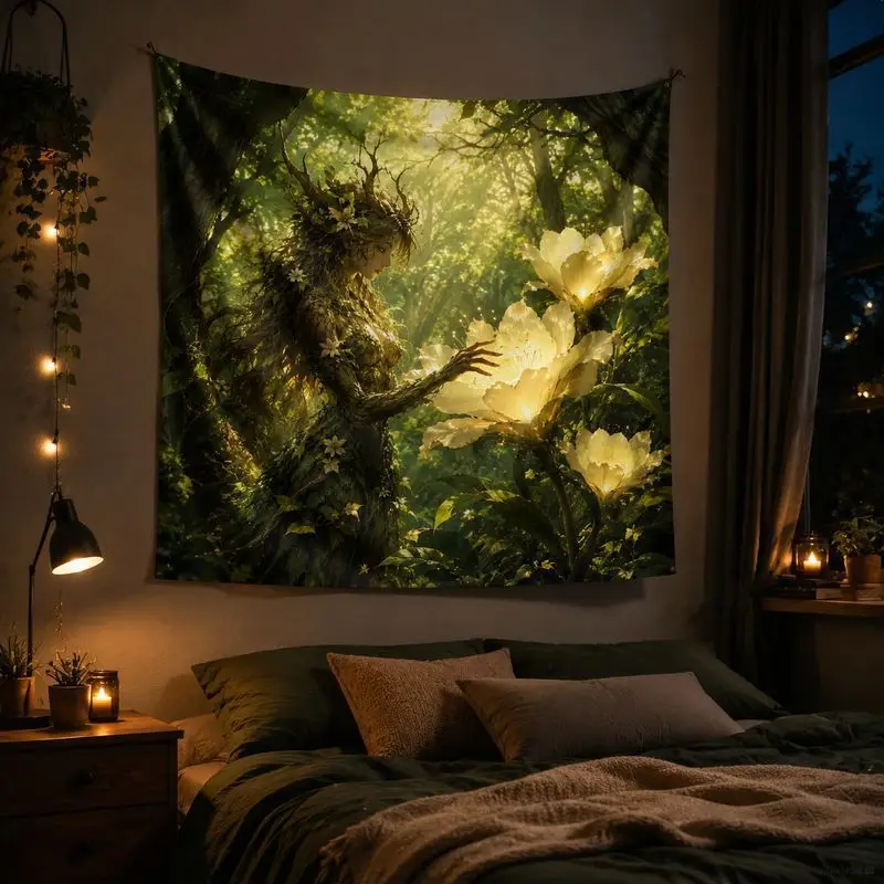 VIKAMA Forest Elf Fairy Anime Tapestry, Galaxy Mushroom Wall Hanging, Nature Fantasy Blanket for Bedroom Dorm Decor