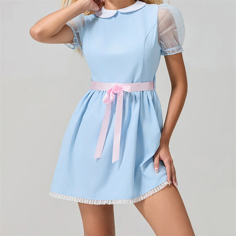 Women Sweet Doll Collar Mini Dress Preppy Style Mesh Short Sleeve Shirt Dress Y2k Bow Belt Lolita Sundress Cutecore Costume