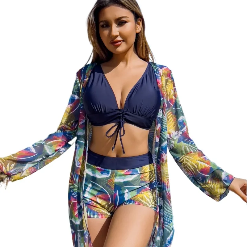 Fashion Printed Bathing Suit Women Sexy Three Piece Bikini Set Swimsuits Summer Beachwear Swimwear with Smocks Boho Swimsuit