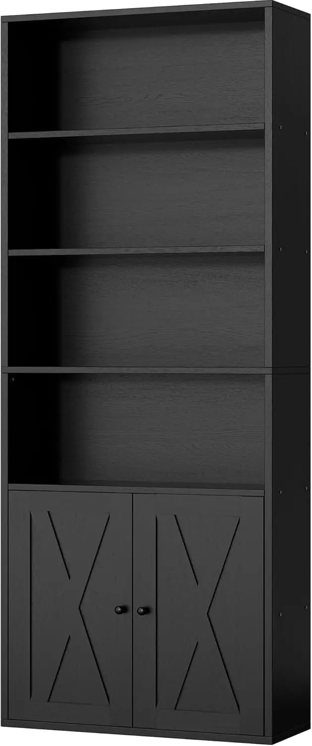 

Industrial Bookshelf with Doors, 6-Shelf Floor Standing Display Storage Unit for Home Office and Living Room