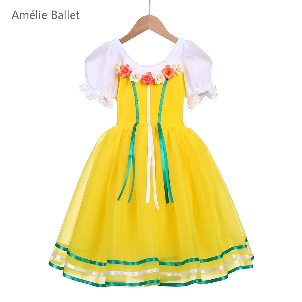 

25254 New Ballet Costumes Short Sleeves Yellow Velvet top Bodice Romantic Long Ballet Costumes Stage Performance Dance Costumes