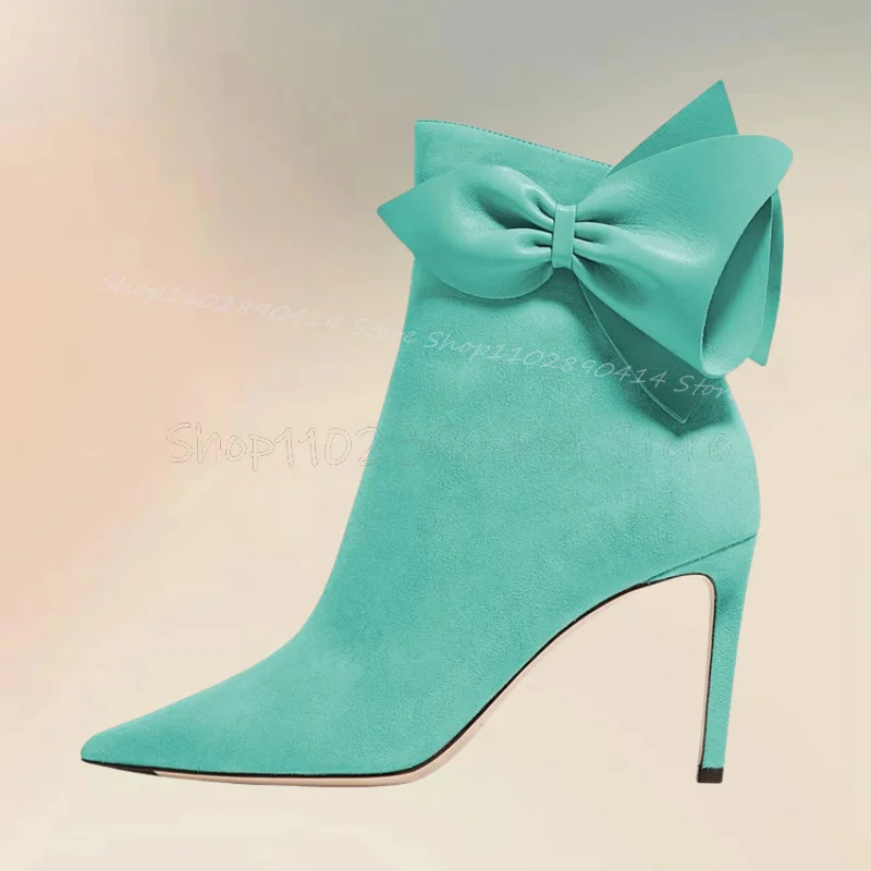 Bow Knot Decor Matte Leather Pointed Toe Ankle Boots Side Zipper Women Shoes Thin High Heels Fashion 2024 Zapatos Para Mujere