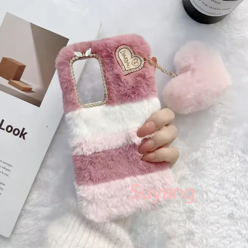 Luxury Diamond Hairy Heart Pendant Phone Case For Xiaomi Redmi Note 14 13 ProPlus 12 11 10 14S 12S 11S 10S 15C 14C 13C 12C Shell