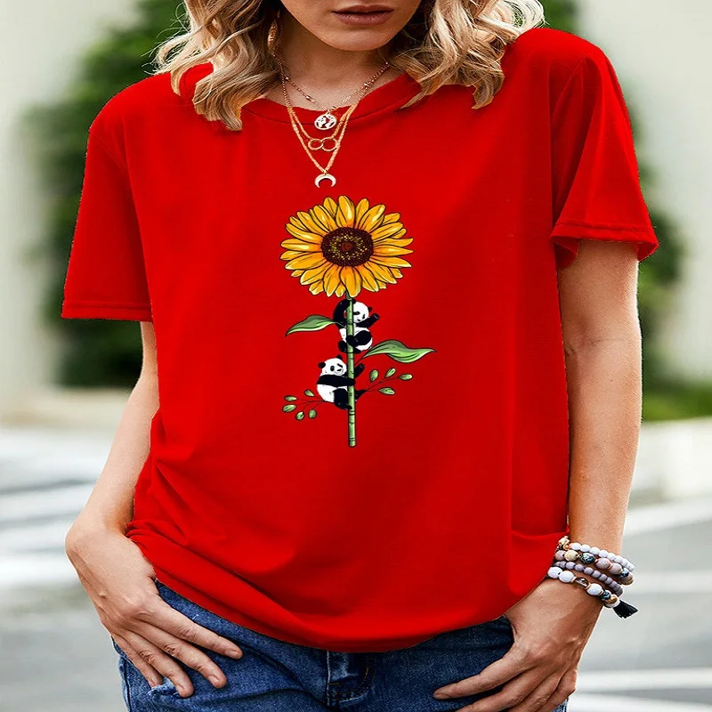 Cotton 100% Panda, Sunflower  Print European Top T-shirt for Women Graphic T Shirts  Women Clothing  Harajuku Tops Summer
