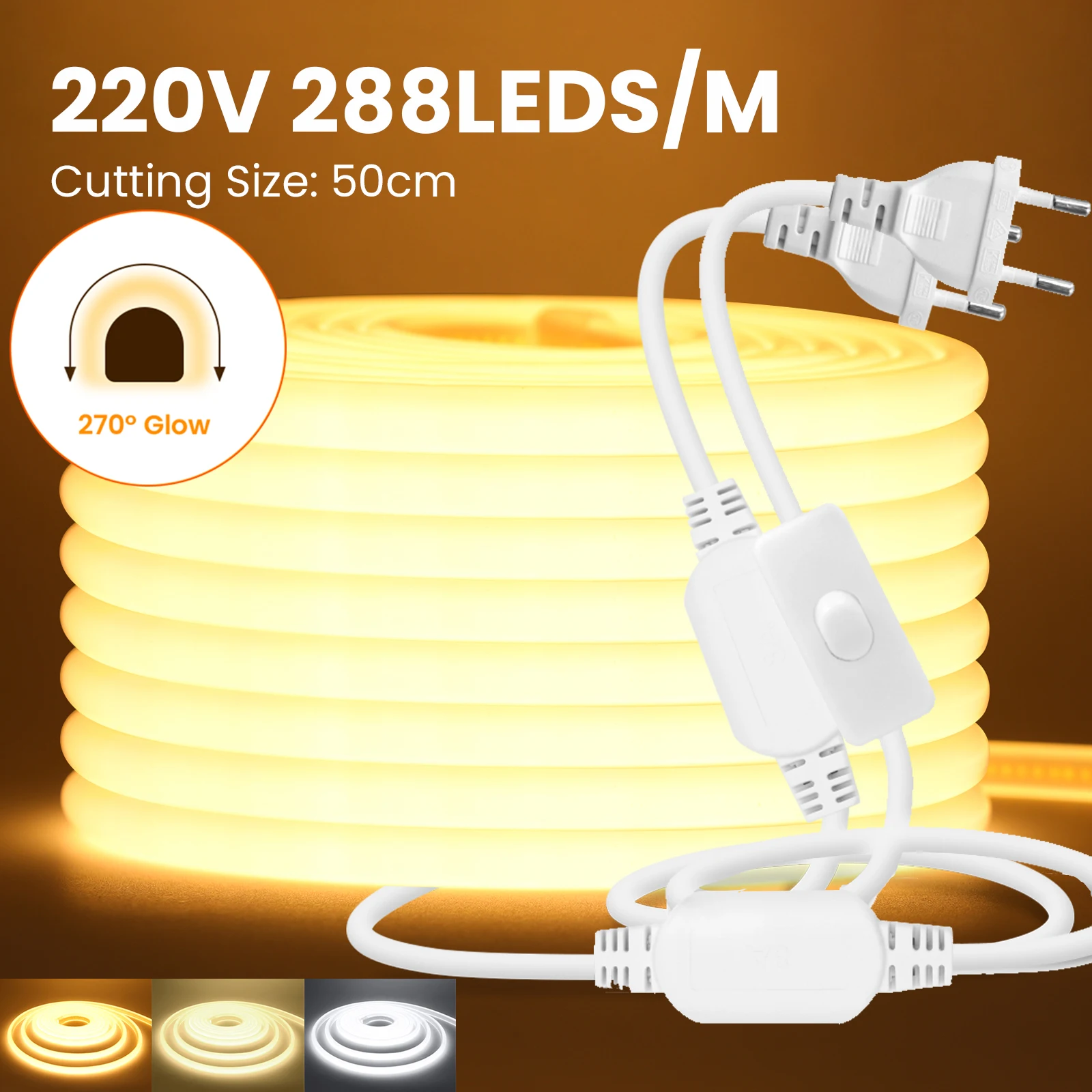 270°Bright COB LED Strip Light 220V Flexible LED Tape Ribbon 288LEDs High Density Liear Light COB Lights for Home Decoration