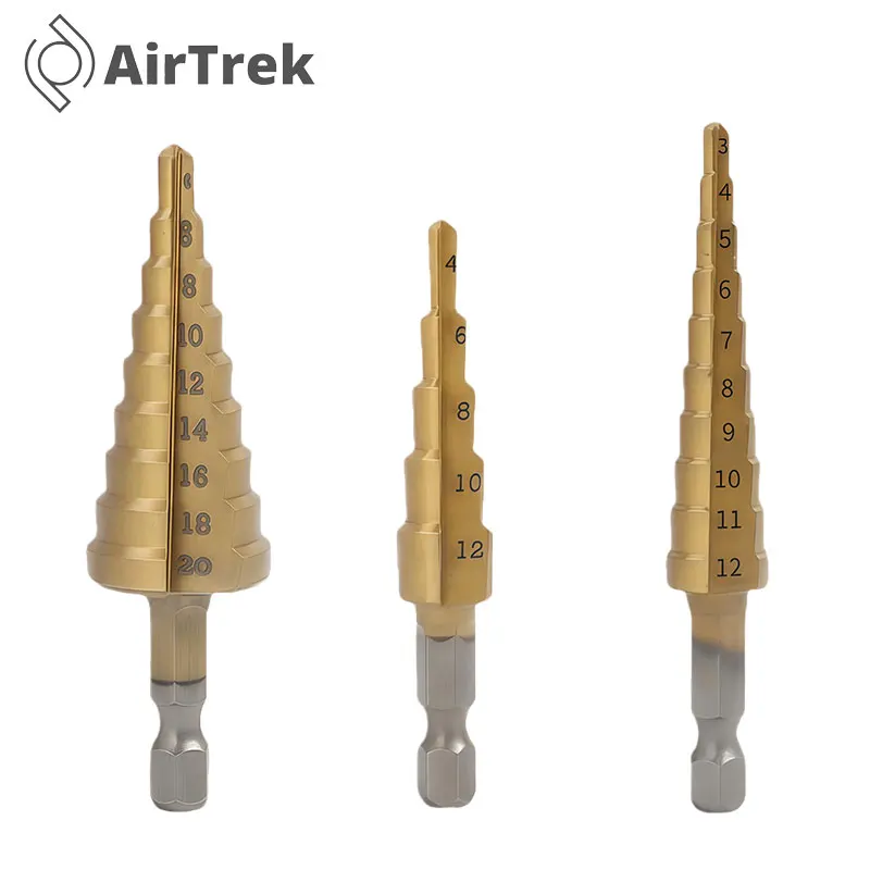 

Ступенчатая дрель с титановым покрытием, шестигранный хвостовик, прямая канавка, 3-12/4-12/4-20/4-32 мм, набор аксессуаров для сверла в виде пагоды