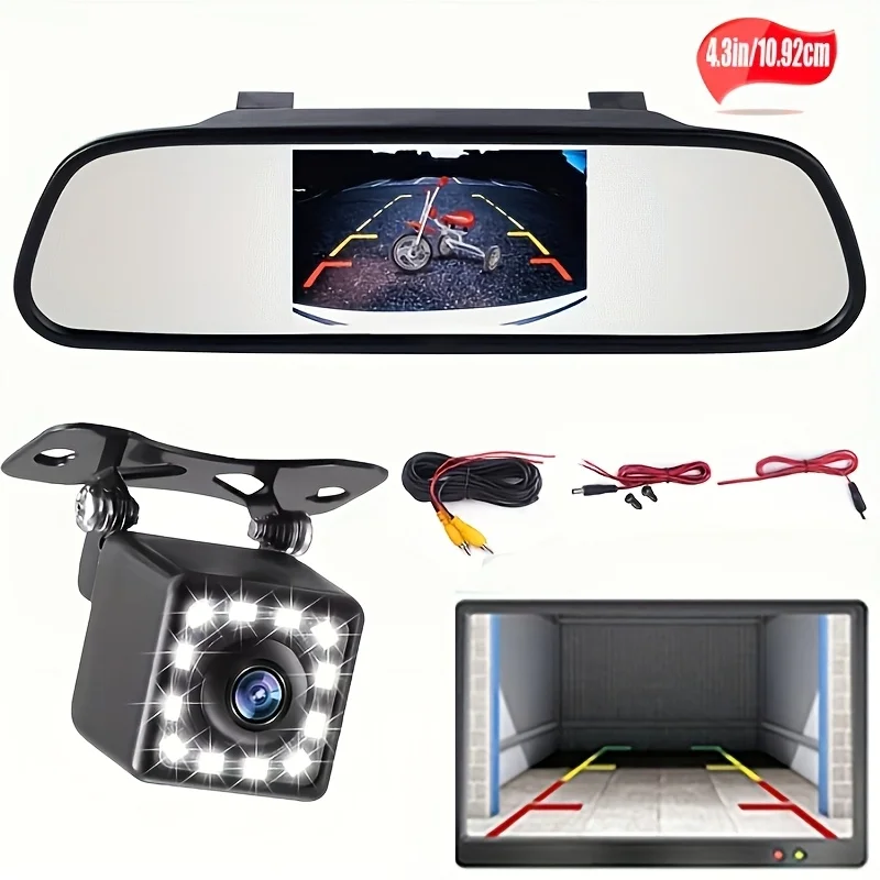 

4.3" HD Car Backup Mirror with Night Vision - 12LED Rear View Camera System for SUVs, Pickups, Campers, Trailers & RVs