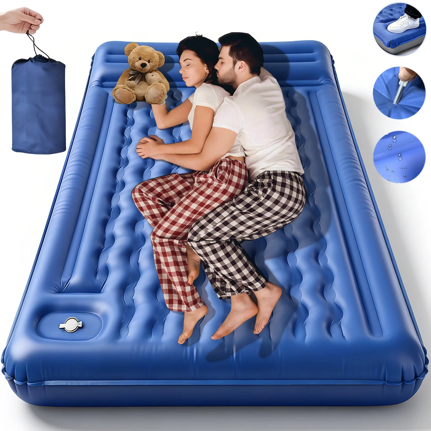 Matelas pneumatique de camping portable 200×140×13cm, extra épais, structure renforcée avec pompe à pied intégrée et oreiller pour le camping, la randonnée et les voyages en tente