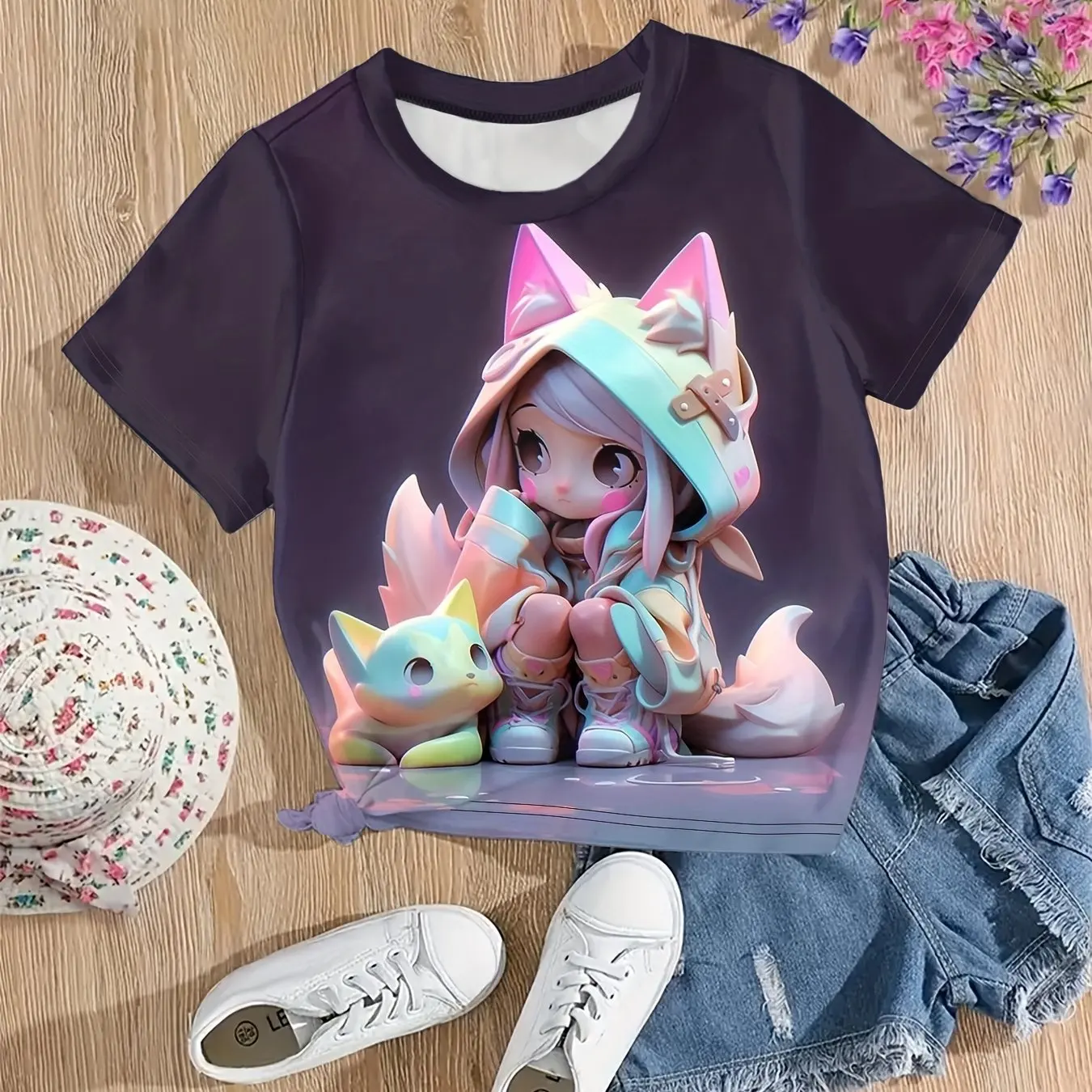 2024 Odzież dziecięca Anime Graphic Print Girls T-Shirt Wygodny okrągły dekolt z krótkim rękawem Topy Letnia odzież outdoorowa dla dzieci