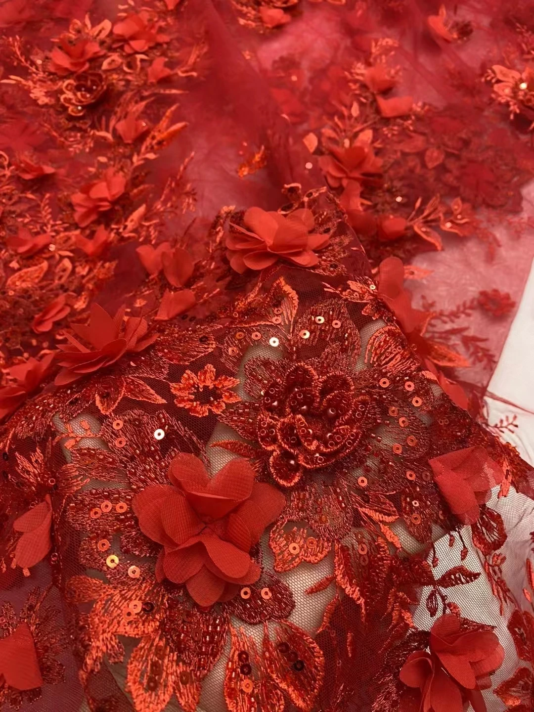 Latest Red 3D Flowers French Lace Fabric 2024 High Quality Handmade Beads African Sequins Tulle Lace Fabric For Wedding LXX24111