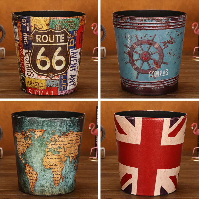 

European Style Leather Garbage Bin Household Large British Style Storage Bin Uncovered Waste Paper Basket Garbage Can