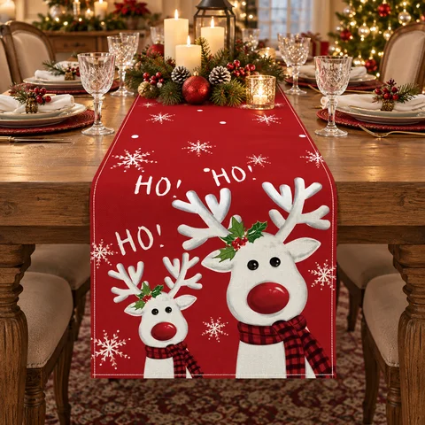 2026 Merry Christmas Reindeer Theme Table Runner Festival Holiday Party Decoration Reusable Kitchen Dining Holiday Home Decor