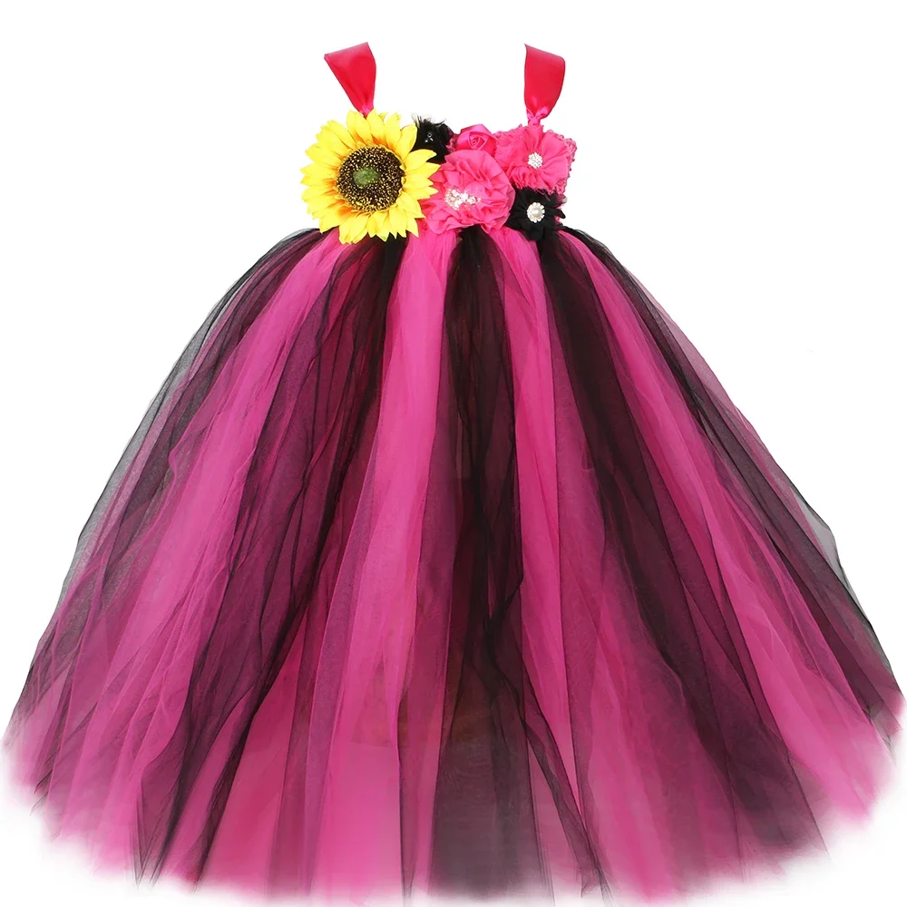 

Flower Girl Tutu Dress Hot Pink Black Kids Hoilday Party Dresses Costumes Girls Tulle Princess Dress Ball Gown Children Clothing