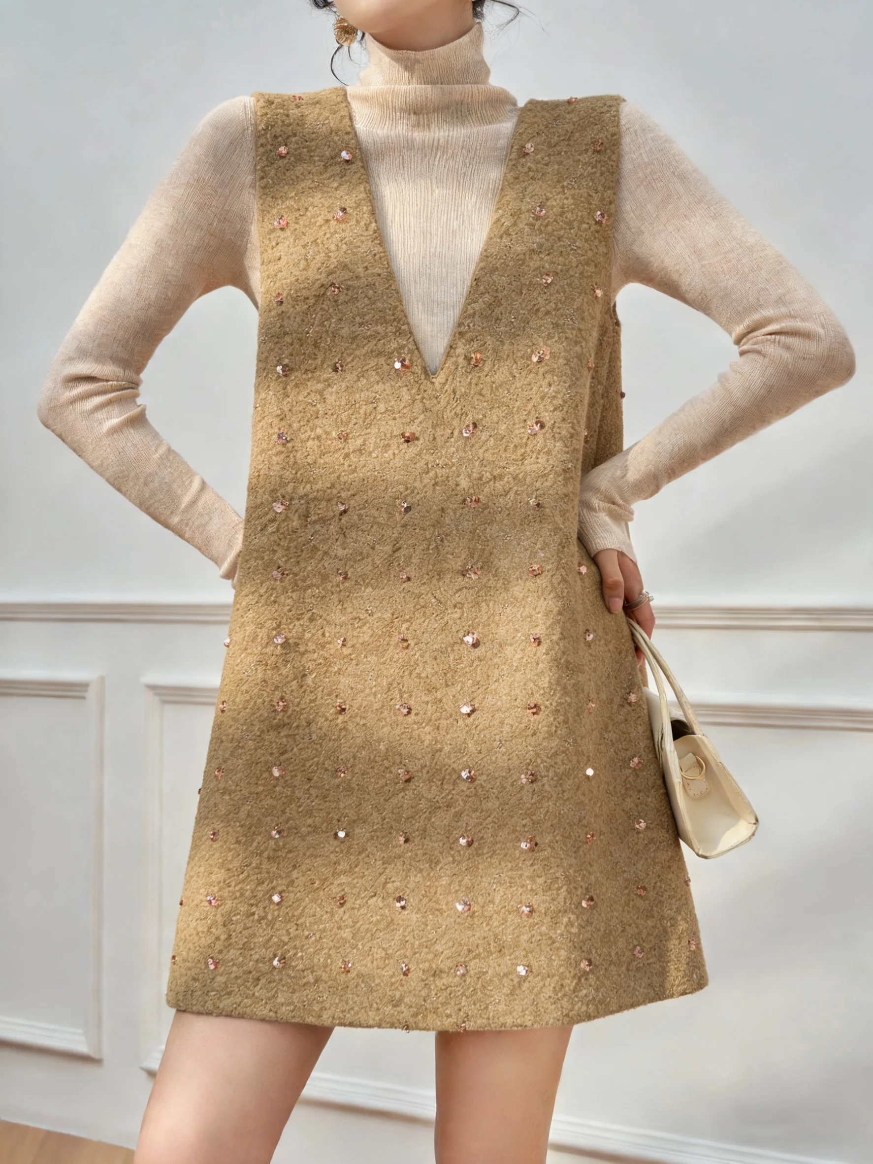 

Khaki Floral Embroidered Wool Vest Luxury Miu Sle Dr Women's Faion High Waist A-Line Skirt Long Sve V-Ne Casual D...