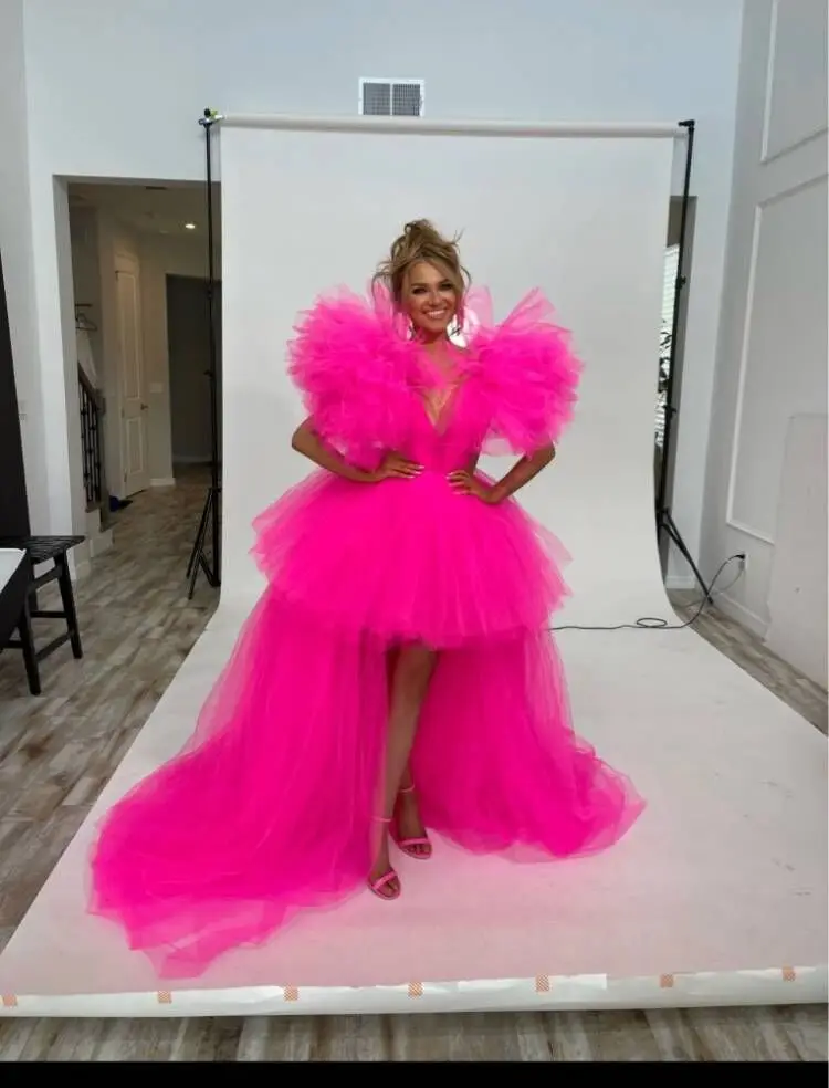 Fashion Fuchsia High Low Long Tulle Gowns V-neck Puff Sleeves Hot Pink Women Maxi Dresses To Birthday Event Party