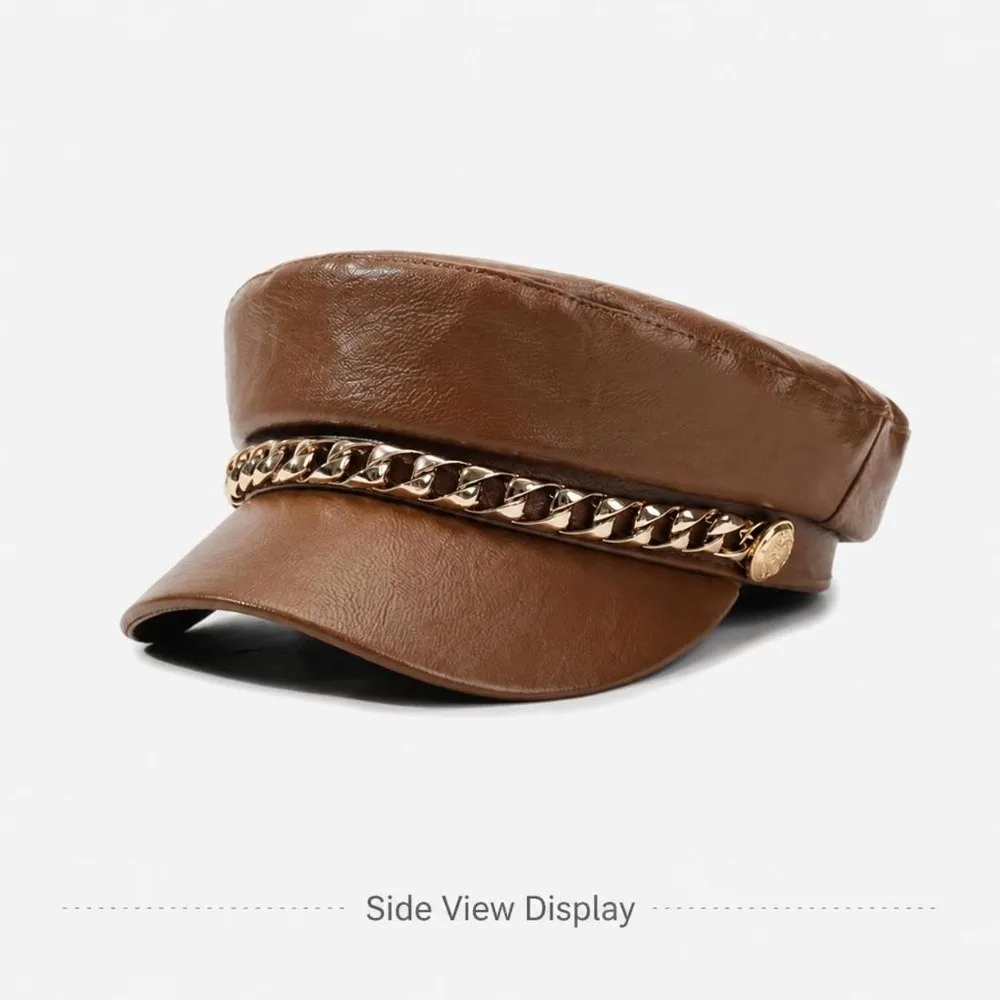 Retro PU Leather Newsboy Cap Solid Color Chain Decor Baker Boy Cap Faux Leather Short Brim Beret Hat Daily Photo Shoot