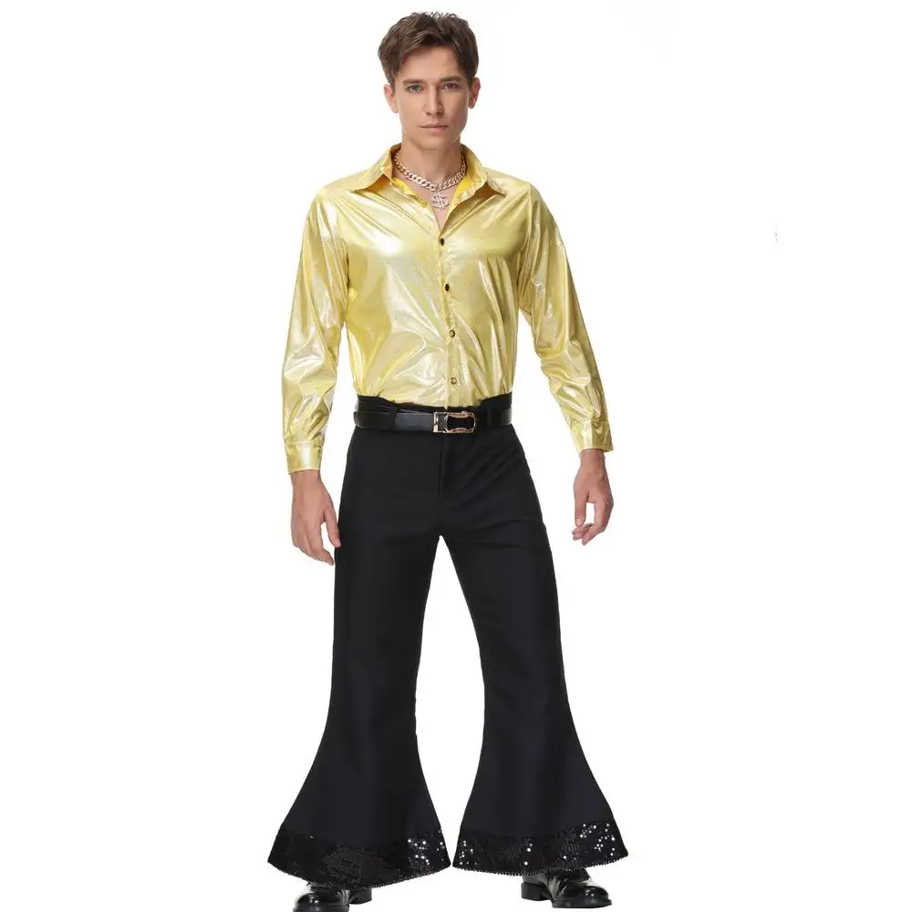

Золотой ретро-костюм для дискотеки, мужская одежда для выступлений, танцевальный наряд в стиле 70-х, подарок, одежда для сценических выступлений, винтажный костюм для Хэллоуина