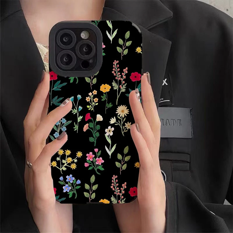 Spring Botanicals Black Phone Cases for IPhone 11 Case 14 Pro Max 15 Pro Max IPhone Case for IPhone 13