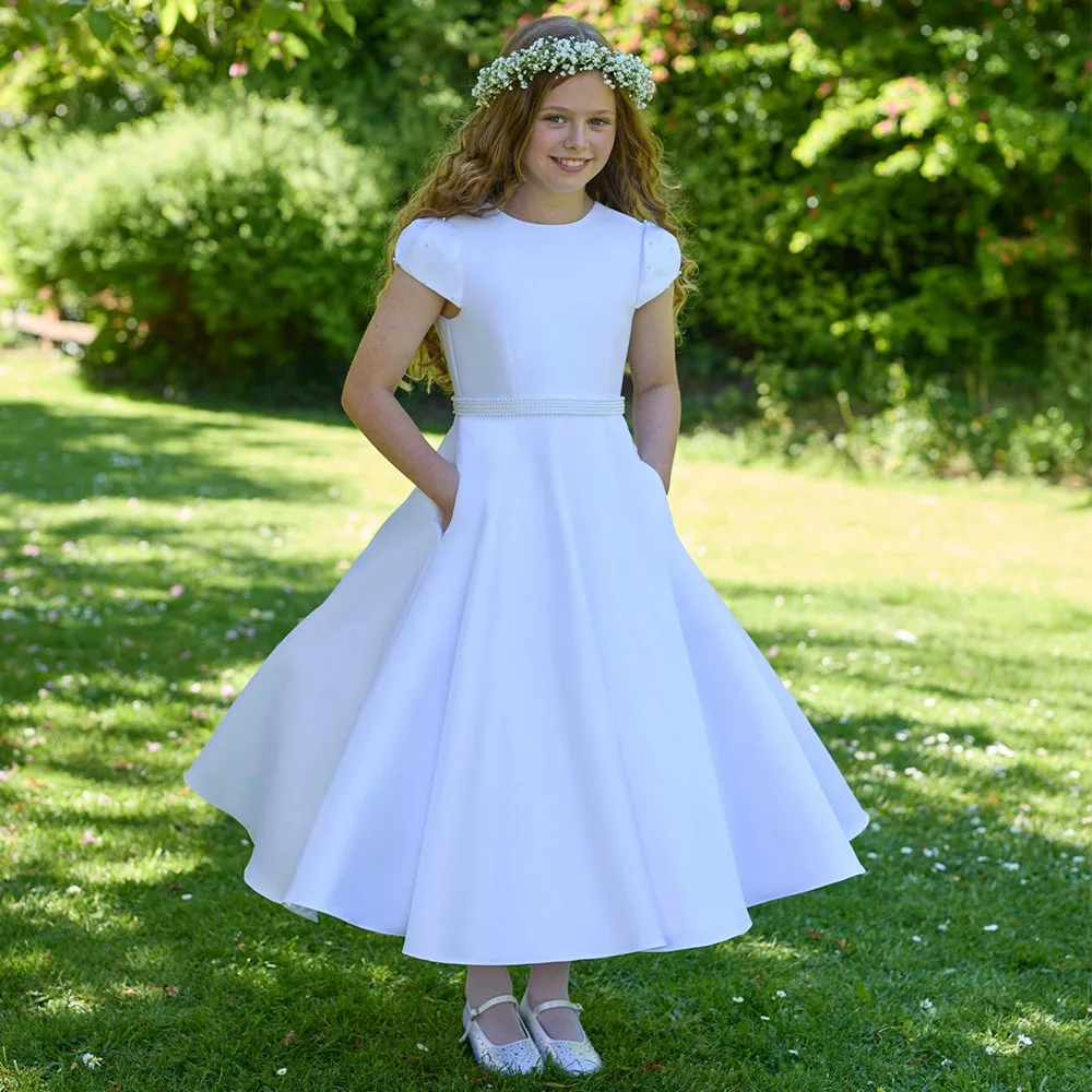 

Customized Flower Girl Dress White Satin Cap Sleeves Pearls Bows Flower Girl Gowns Midi Pockets A Line Wedding Party Dress Short