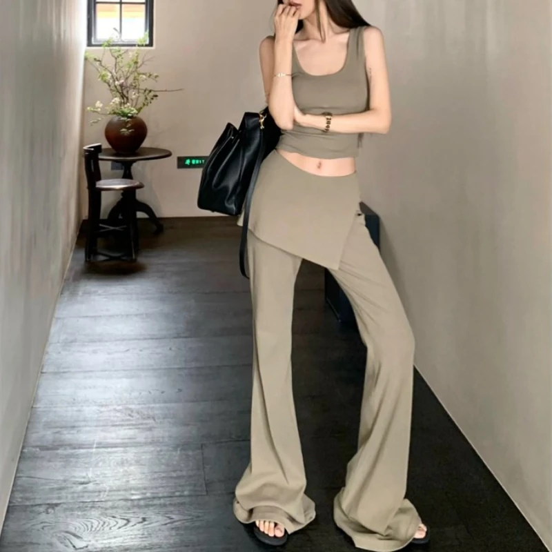 2024 Summer New Streetwear Fake Two-piece Solid Color Casual Wide Leg Pants Women + Backless Sexy Slim Camisole Two-piece Suit