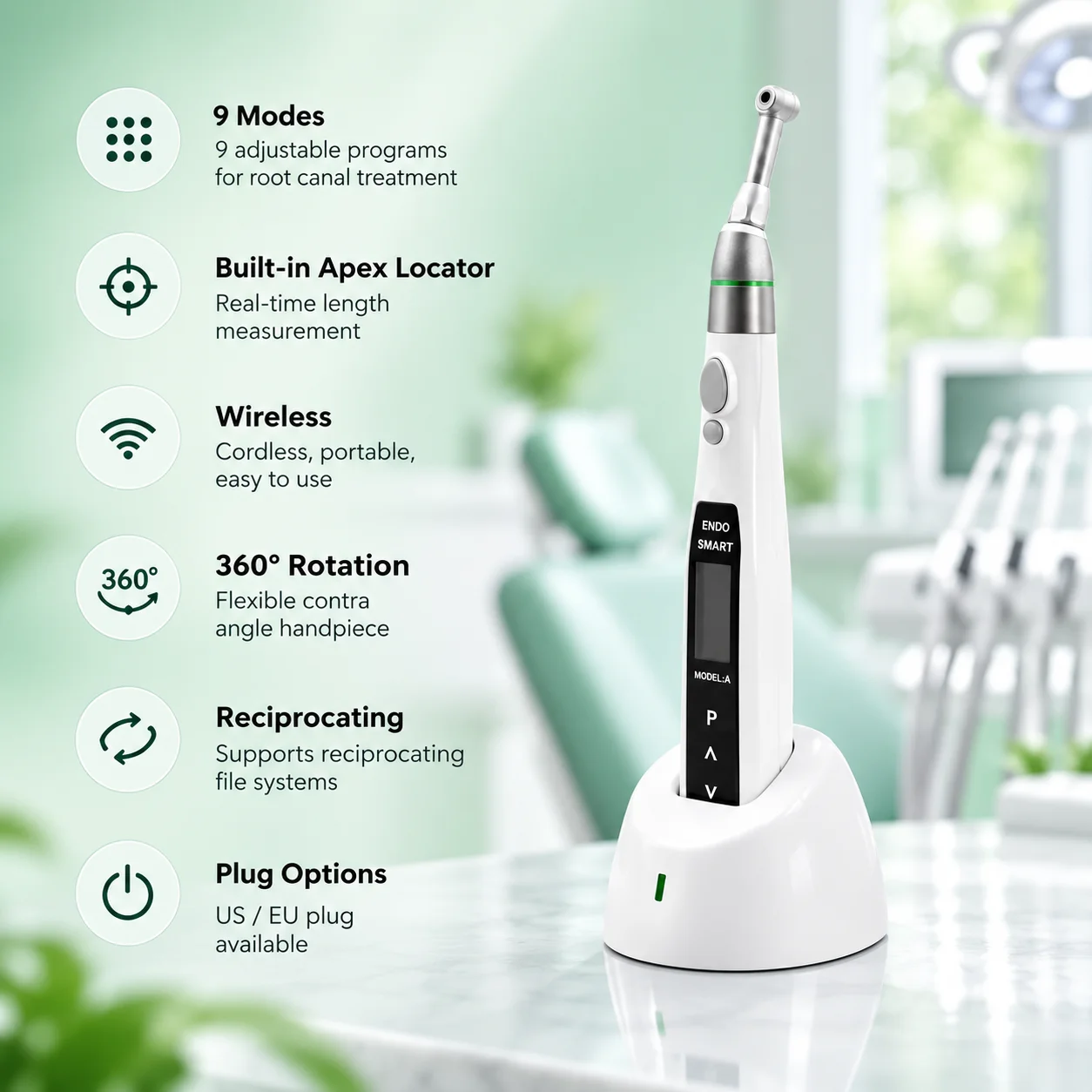 Professional Model A Dental Endo Motor Built-in Apex Locator Wireless 9 Modes Reciprocating 360° Rotation Root Canal Handpiece