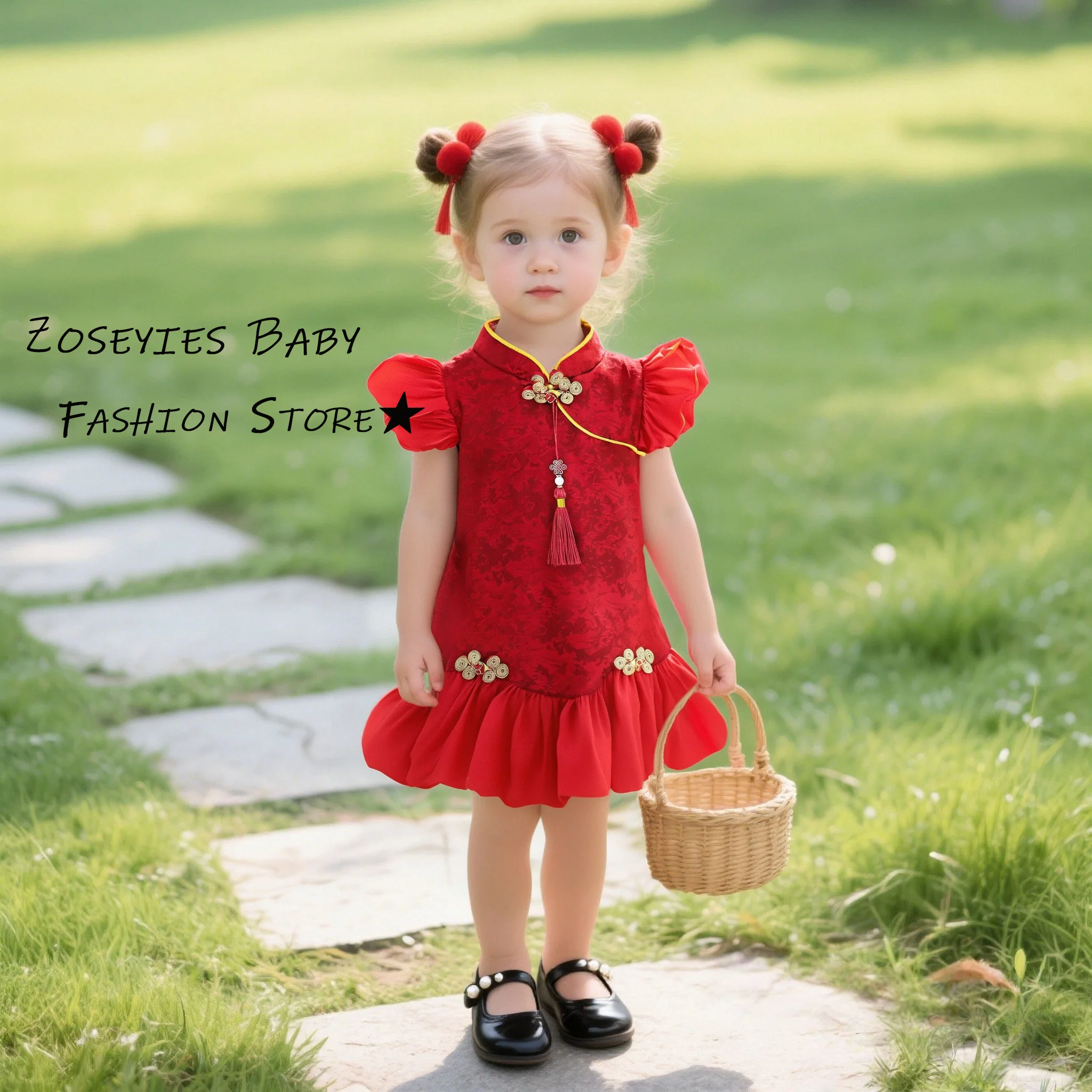 

Платья для девочек, летние однотонные платья Cheongsam в китайском стиле для маленьких девочек, милые платья ханбок выходного дня для маленьких девочек, ткань для маленьких девочек